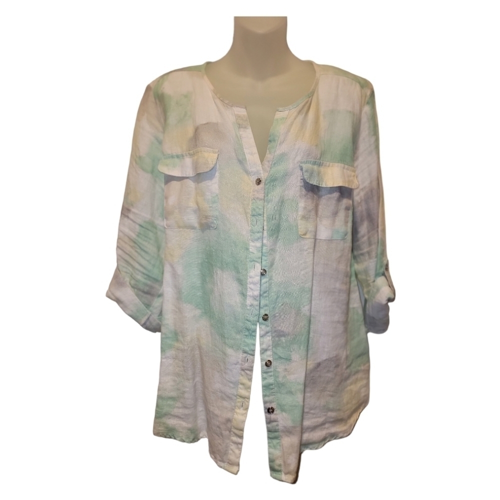 JM COLLECTION; Women's Linen Pastel Tie Dye V-Neck Button Down Top, Sz 16